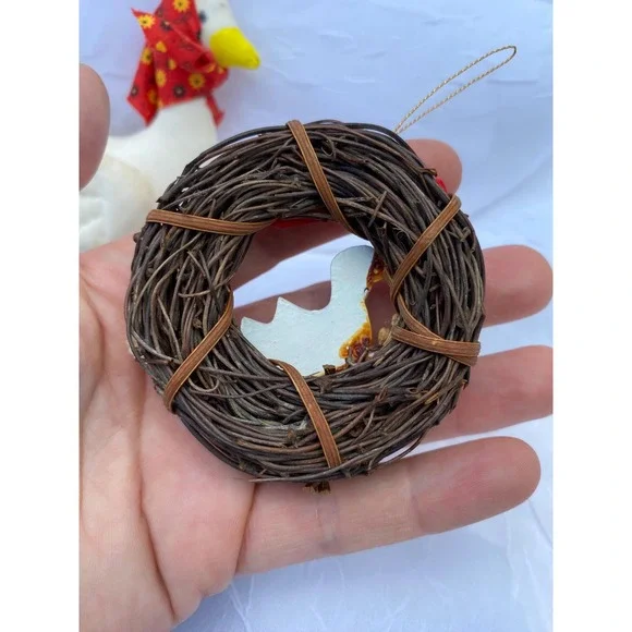 Vintage Country Goose Ornament Set Fabric Goose with Scarf & Grapevine Wreath - Picture 3 of 6